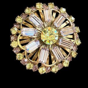 VTG Mid Century Starburst Snowflake Rhinestone Brooch Pin lavender Yellow jewelr